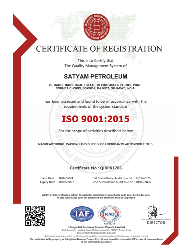 ISO 9001:2015 Certificate of Registration — Satyam Petroleum